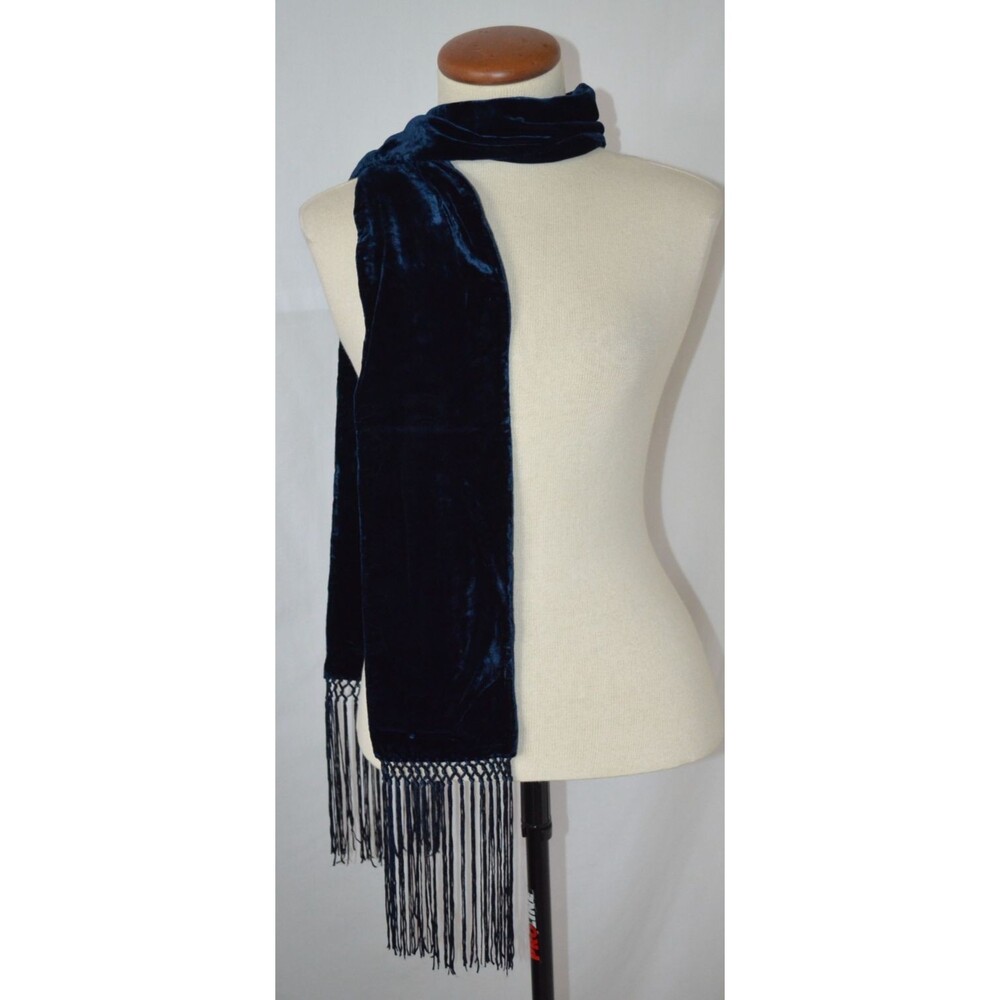 Vintage J Crew Dark Blue Velvet Shawl Wrap Stole Scarf Knotted  Fringe